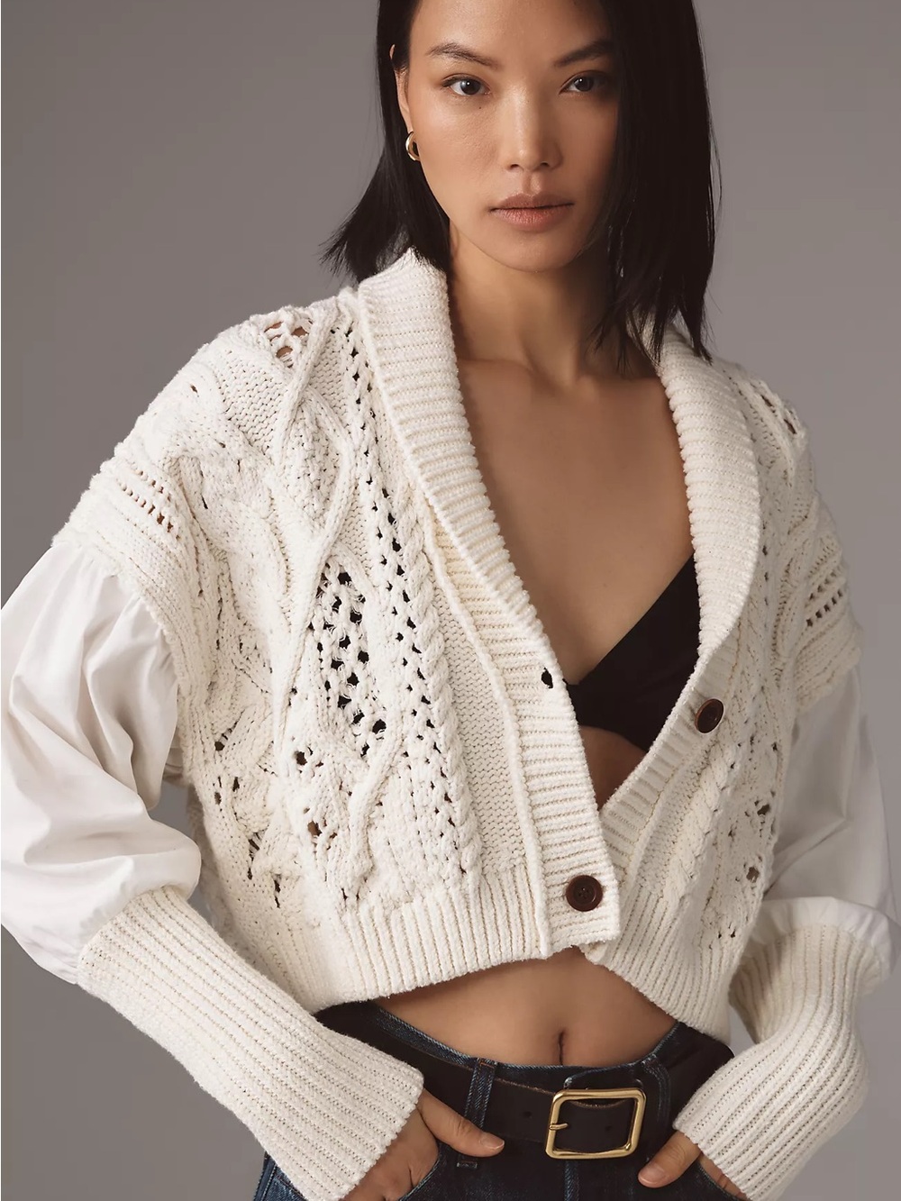 By Anthropologie Balloon-Sleeve Twofer Cable-Knit Cardigan Sweater (L)